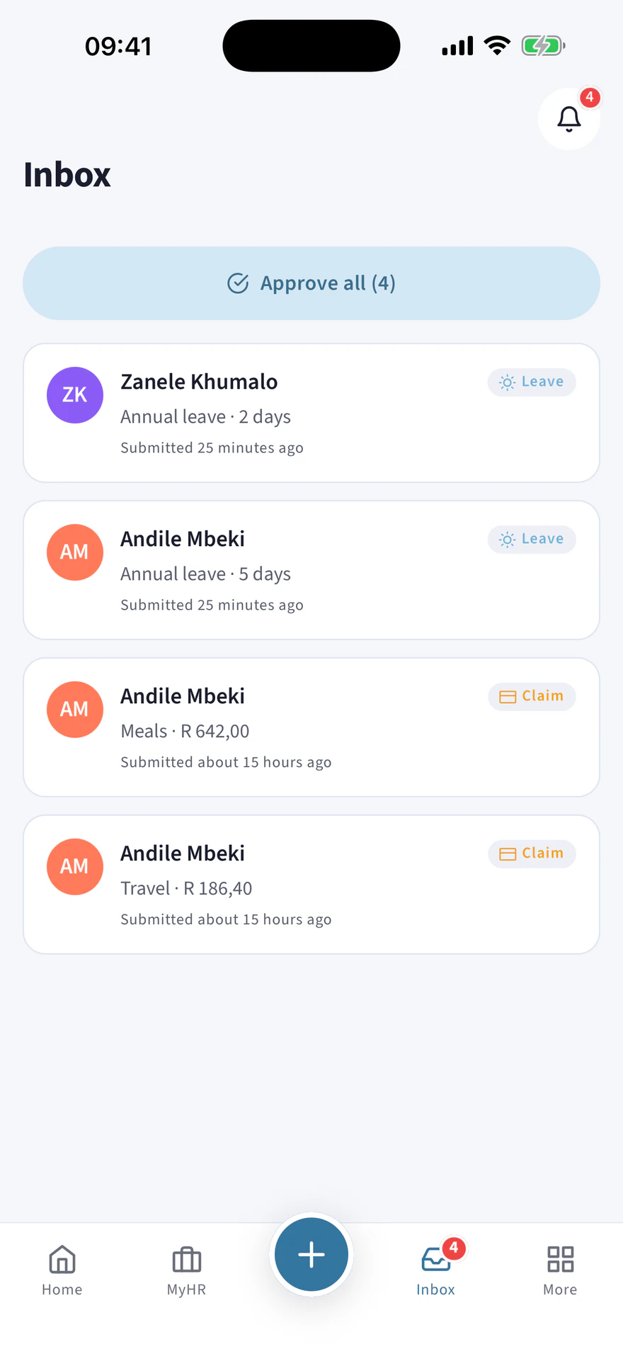 A manager approvals inbox in HRify