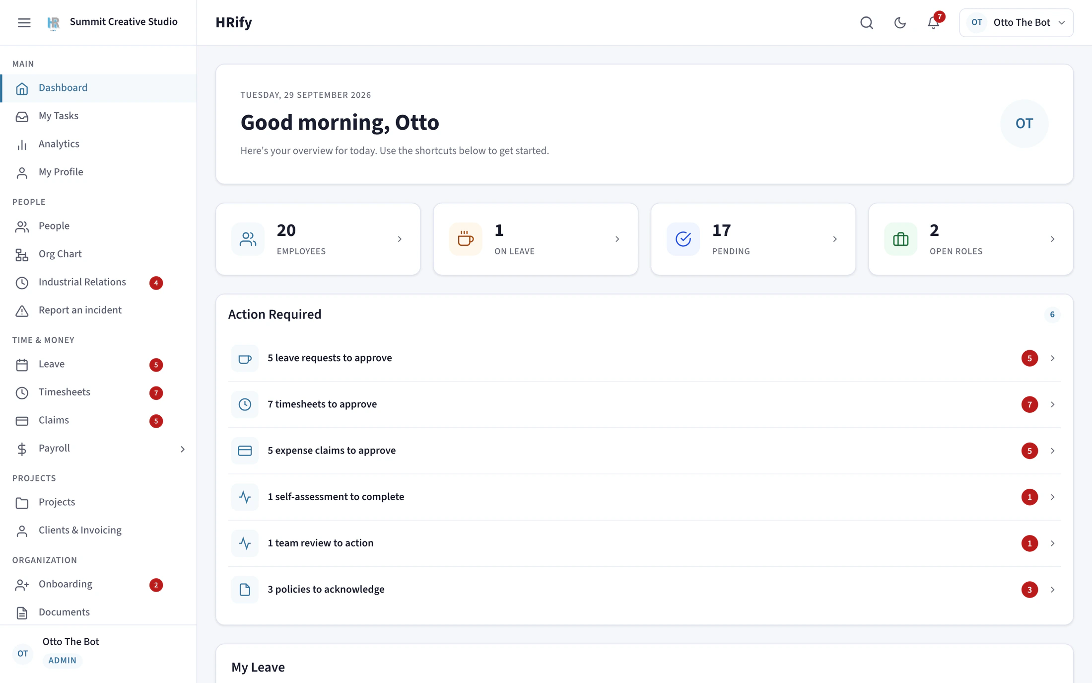 The HRify dashboard