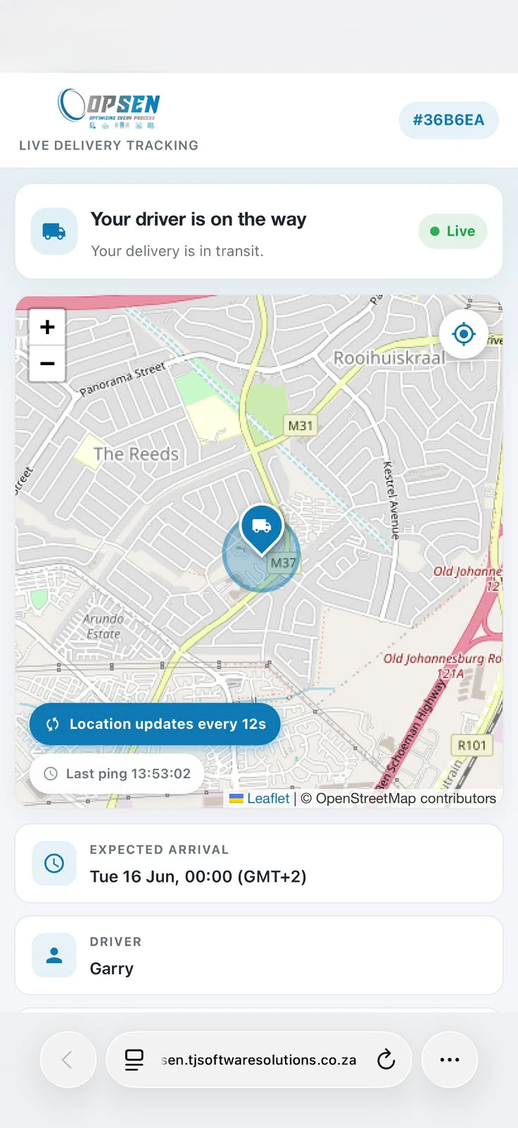The OPSEN live delivery tracking page as a customer sees it in their phone browser, showing the driver on a map and the expected arrival